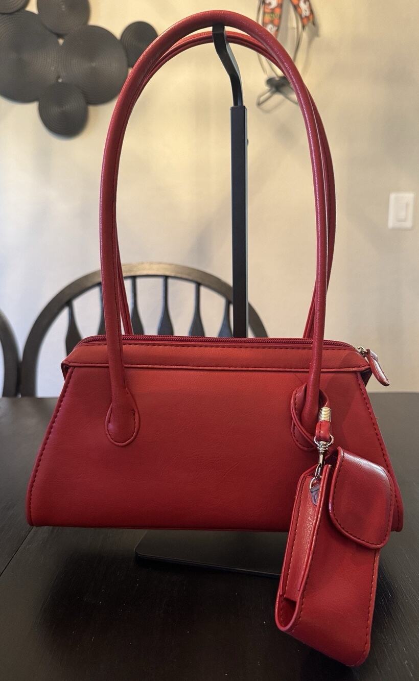 NWOT Cherry Red Baguette Structured Vegan Leather Shoulder Bag